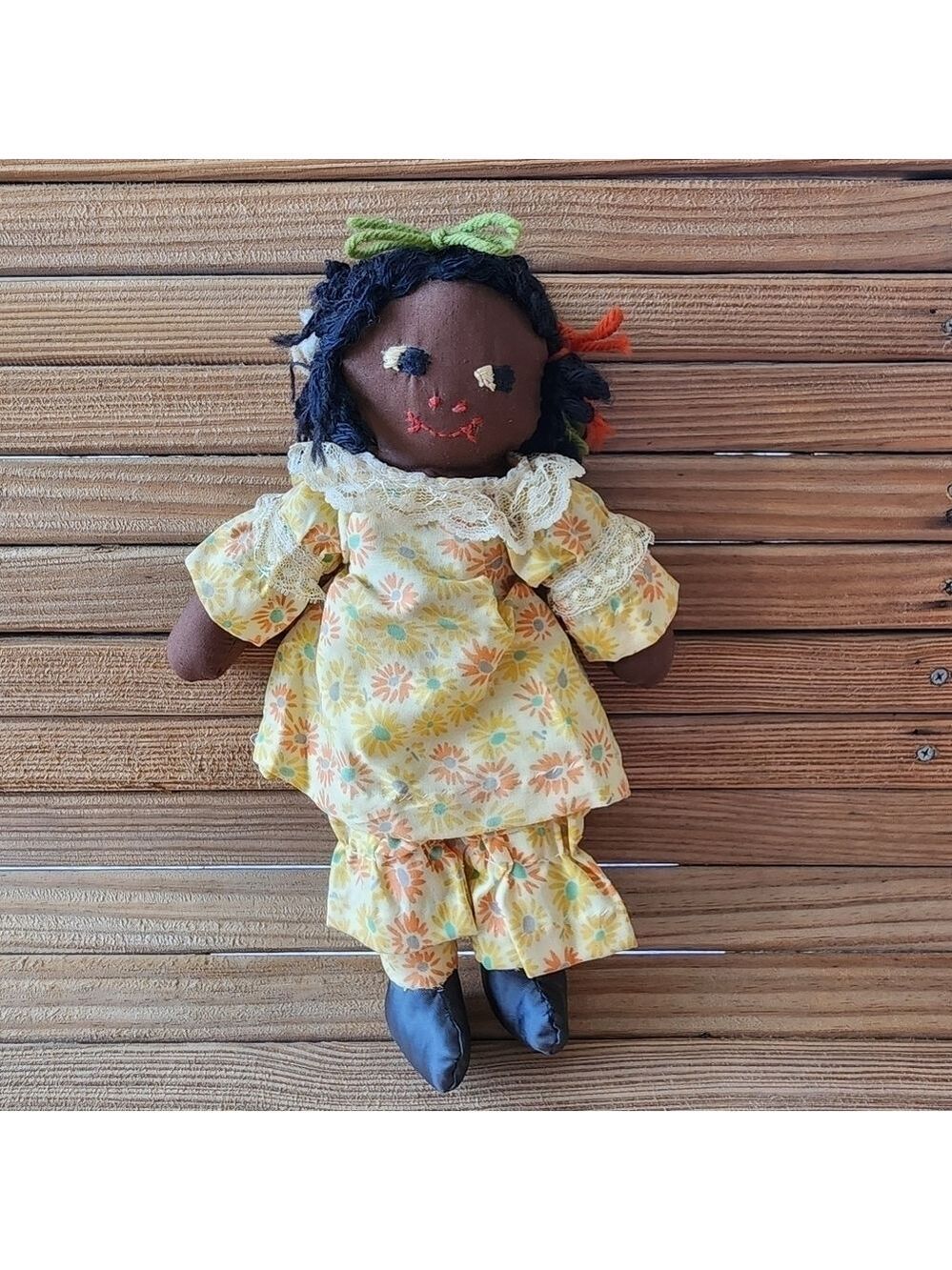 Vintage Black Americana African American cloth ragdoll retro yellow floral dress